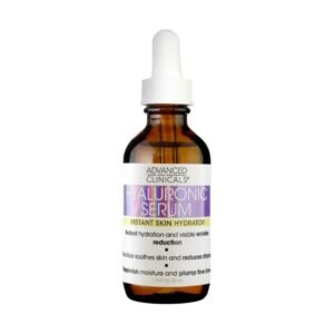 Clear 1.75 fl oz dropper bottle of Advanced Clinicals Hyaluronic Serum Instant Skin Hydrator standing upright on a white background, transparent gel visible, silver cap reflecting light—ideal product image for Skincare Ghana’s online catalogue.