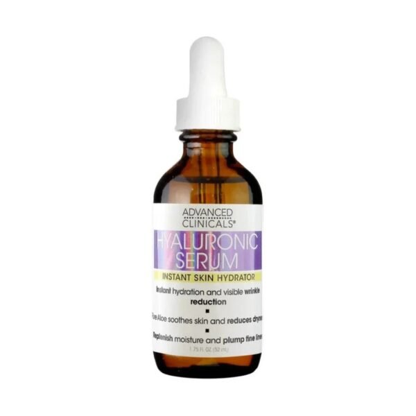 Clear 1.75 fl oz dropper bottle of Advanced Clinicals Hyaluronic Serum Instant Skin Hydrator standing upright on a white background, transparent gel visible, silver cap reflecting light—ideal product image for Skincare Ghana’s online catalogue.