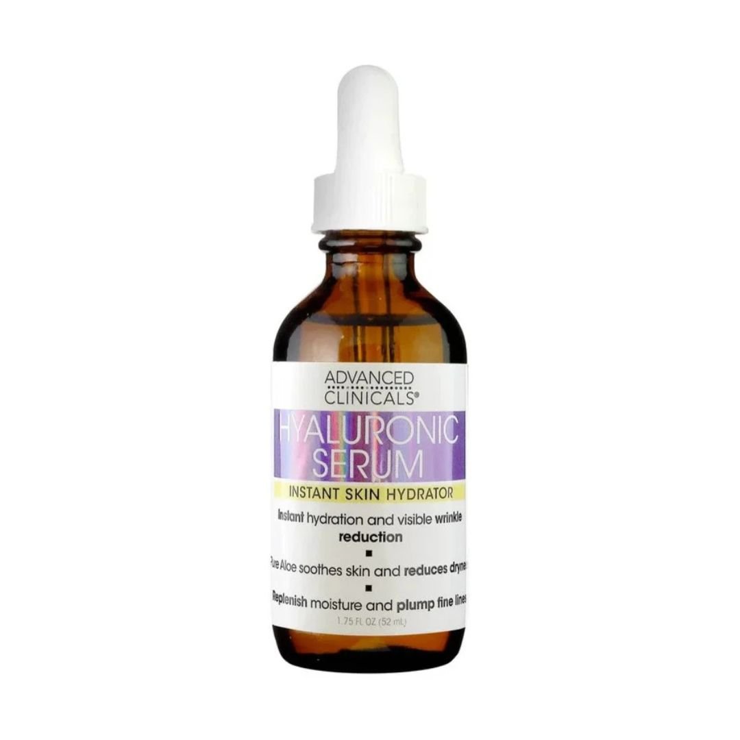 Clear 1.75 fl oz dropper bottle of Advanced Clinicals Hyaluronic Serum Instant Skin Hydrator standing upright on a white background, transparent gel visible, silver cap reflecting light—ideal product image for Skincare Ghana’s online catalogue.