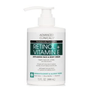 Advanced Clinicals Retinol + Niacinamide Anti-Aging Cream in a gold-and-white jar on a white background. Visible cream texture with "For Face & Body" text, highlighting its dual use for smoothing wrinkles and brightening skin tone in tropical climates.