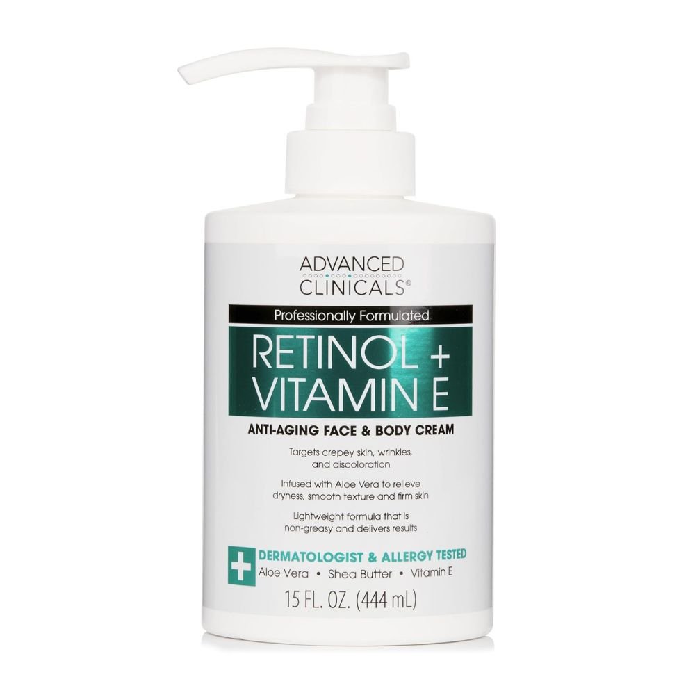 Advanced Clinicals Retinol + Niacinamide Anti-Aging Cream in a gold-and-white jar on a white background. Visible cream texture with "For Face & Body" text, highlighting its dual use for smoothing wrinkles and brightening skin tone in tropical climates.