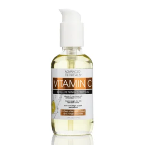Clear glass bottle of Advanced Clinicals Vitamin C Brightening Body Oil on white background, showcasing golden-hued oil. Key ingredients—Vitamin C, Turmeric, Grapefruit—highlighted for radiant, even-toned skin. Ideal for humid climates, non-greasy hydration.