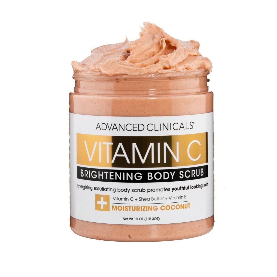 Advanced Clinicals Vitamin C Brightening Body Scrub jar on white background, showcasing golden coconut swirls and shea butter chunks.