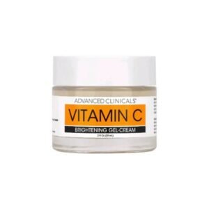 Advanced Clinicals Vitamin C Brightening Face Gel-Cream in minimalist orange-and-white packaging on a white background. The jar is open, showing a smooth gel-cream texture. A hand applies the product to glowing cheekbones, emphasizing its lightweight, fast-absorbing formula ideal for humid climates.
