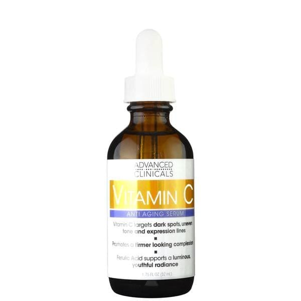 Advanced Clinicals Vitamin C Serum bottle on white background, showcasing golden gel texture with key ingredients like Vitamin C, Ferulic Acid, and Shea Butter for brightening and sun protection. Ideal for humid climates.