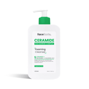 Front‑facing photo of a 400 ml white pump bottle labelled “Face Facts Ceramide Foaming Cleanser”—shown upright on a clean white background, highlighting its minimalist design and “5 Ceramides + Hyaluronic Acid + Niacinamide” call‑out, suitable for e‑commerce listing accessibility.