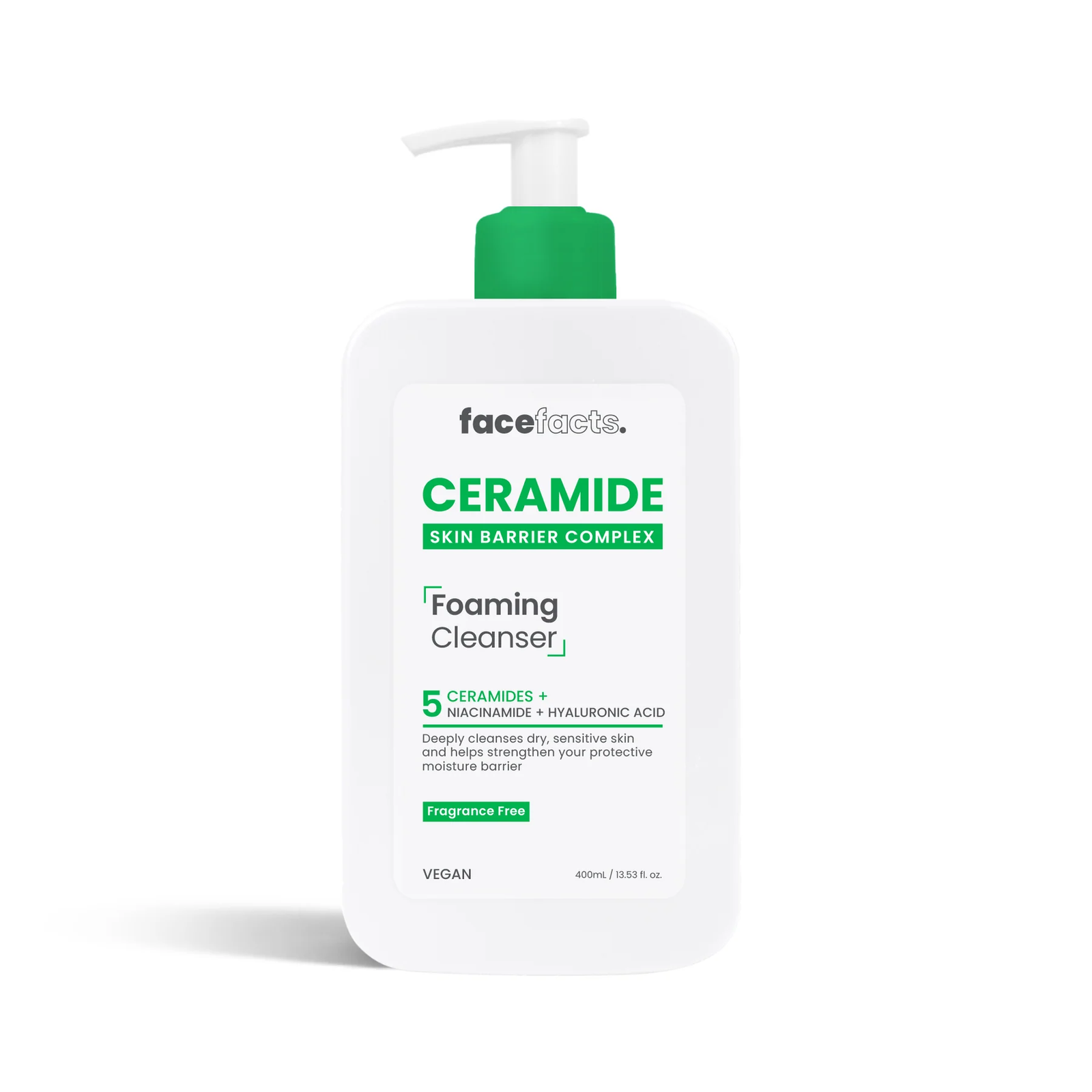 Front‑facing photo of a 400 ml white pump bottle labelled “Face Facts Ceramide Foaming Cleanser”—shown upright on a clean white background, highlighting its minimalist design and “5 Ceramides + Hyaluronic Acid + Niacinamide” call‑out, suitable for e‑commerce listing accessibility.