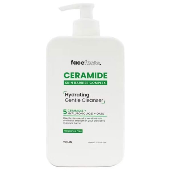 400 ml bottle of Face Facts Ceramide Hydrating Gentle Cleanser on a white background—minimalist pump packaging highlighting vegan, fragrance‑free formula enriched with ceramides, hyaluronic acid, niacinamide; ideal for dry, sensitive Ghanaian skin requiring gentle, barrier‑supportive hydration.
