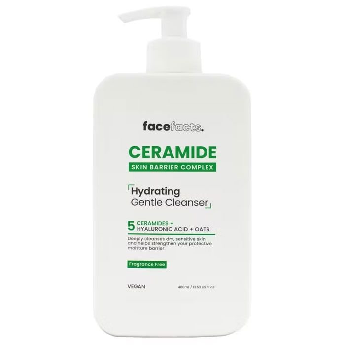 400 ml bottle of Face Facts Ceramide Hydrating Gentle Cleanser on a white background—minimalist pump packaging highlighting vegan, fragrance‑free formula enriched with ceramides, hyaluronic acid, niacinamide; ideal for dry, sensitive Ghanaian skin requiring gentle, barrier‑supportive hydration.