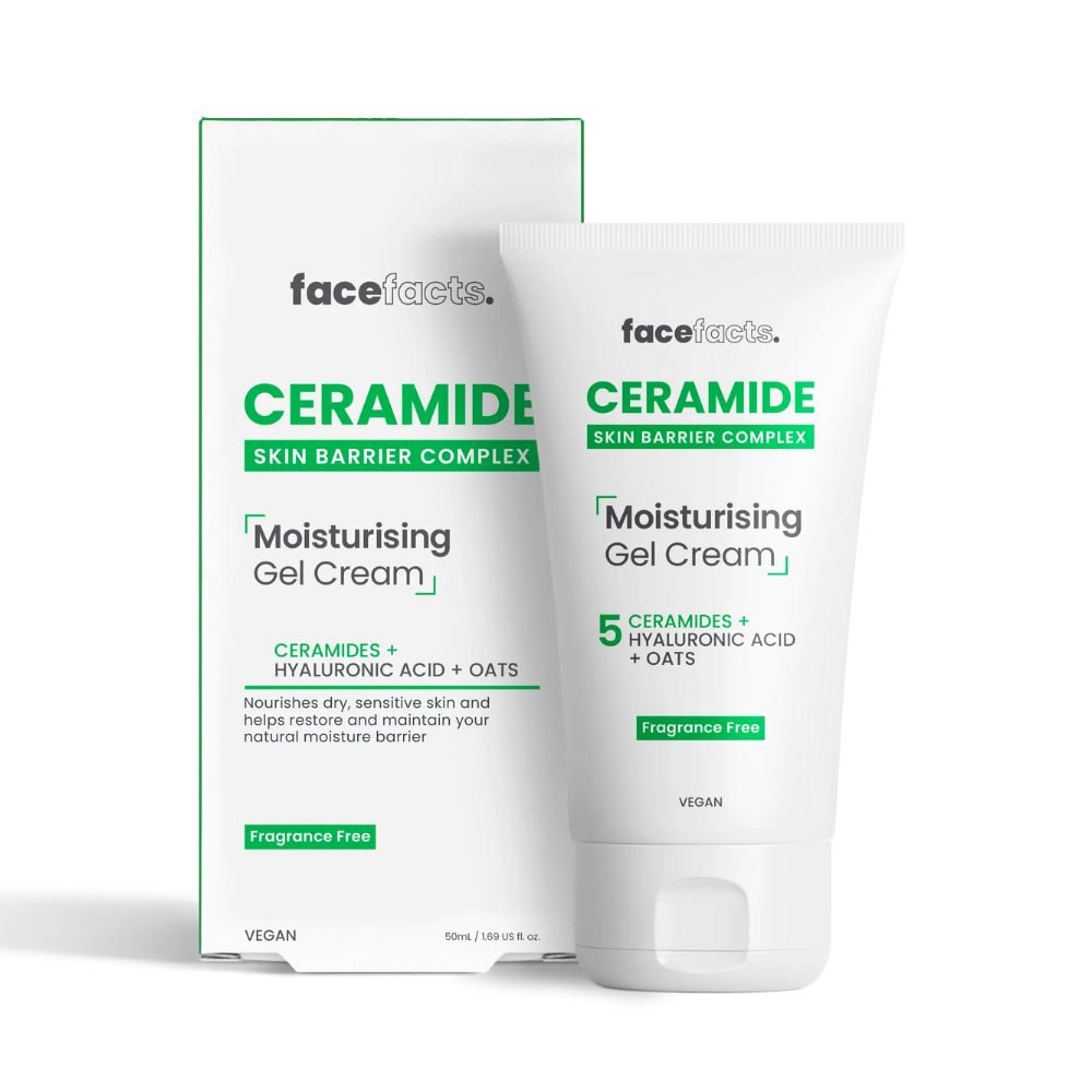 Front‑facing photo of a 50 ml jar of Face Facts Ceramide Moisturising Gel Cream with green‑and‑white label, lid off to show pale gel‑cream texture, placed on a pure white background for clear e‑commerce display, highlighting its lightweight, fragrance‑free formulation and five‑ceramide skin‑barrier benefits.