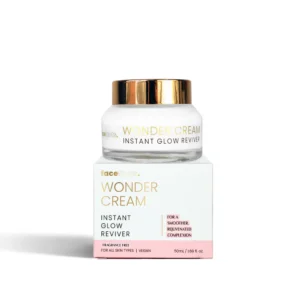 Close‑up of a 50 ml jar of Face Facts Wonder Cream Fragrance Free on a pure white background—sleek white tub with a satin‑silver lid, minimal black text, showcasing its clean, fragrance‑free, vegan moisturiser identity for hydrating and brightening all skin types.