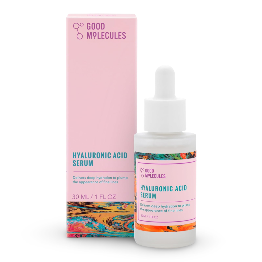 Clear 30 ml glass dropper bottle of GOOD MOLECULES Hyaluronic Acid Serum with bright yellow label, filled with colourless, water-light liquid, standing on a pure white background.