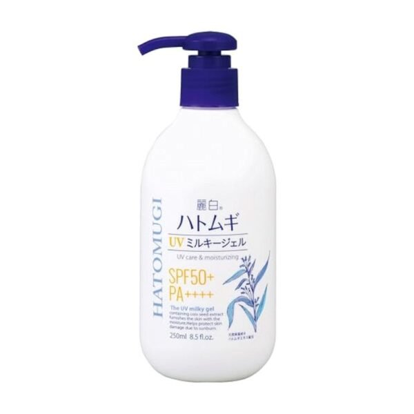 Front‑facing bottle of Hatomugi UV Milky Gel SPF 50+ PA++++, 250 ml pump, on a white background—highlighting Japanese sunscreen’s lightweight milky texture and broad‑spectrum protection.