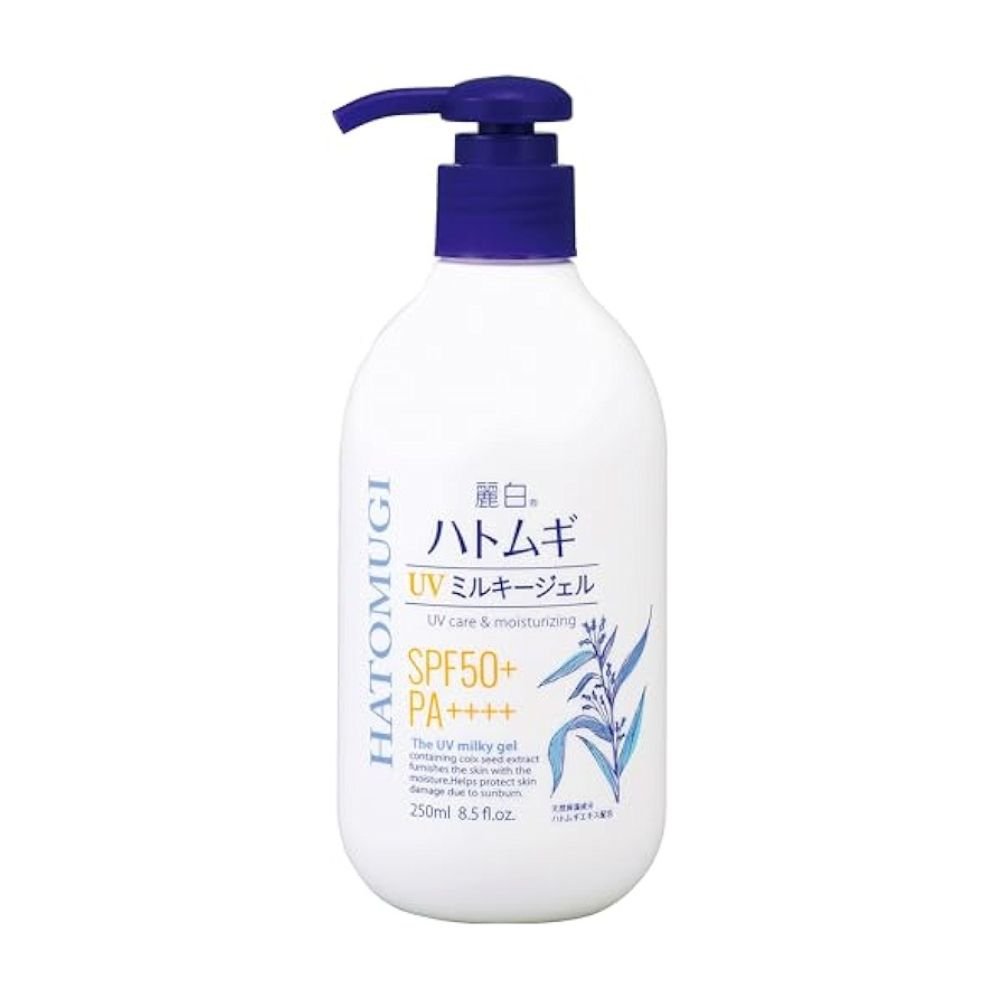 Front‑facing bottle of Hatomugi UV Milky Gel SPF 50+ PA++++, 250 ml pump, on a white background—highlighting Japanese sunscreen’s lightweight milky texture and broad‑spectrum protection.