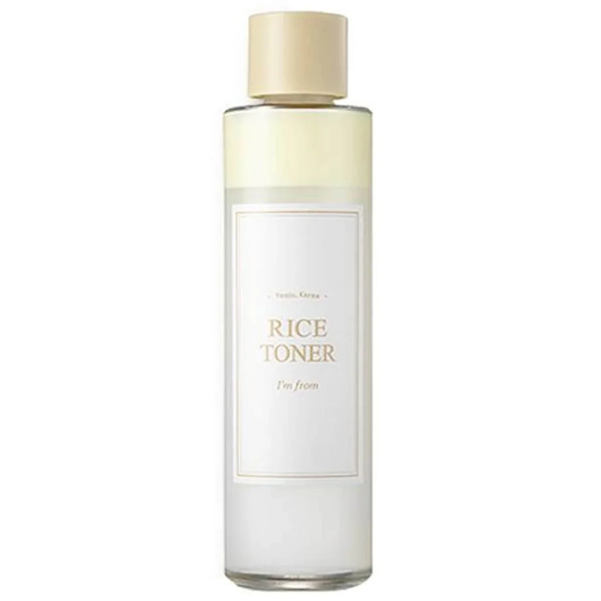 I'm From Rice Toner 150ml bottle on a white background, featuring minimalist packaging with a beige cap and label, showcasing its clean and natural aesthetic.