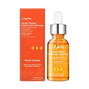 Jumiso All Day Vitamin Brightening & Balancing Facial Serum 30ml bottle with dropper on a white background, showcasing its vibrant orange hue and sleek packaging.
