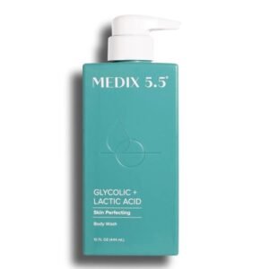MEDIX 5.5 Glycolic + Lactic Acid Perfecting Body Wash, 15-fl-oz white bottle with mint-green label and flip cap, standing upright on a clean white background