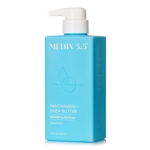 Large white bottle of MEDIX 5.5 Niacinamide + Shea Butter Body Treatment Cream (444 ml) on a spotless white background, label highlighting niacinamide and shea butter; conveys a fragrance-free, pH-balanced cream designed to hydrate, brighten, and reinforce the skin barrier for all skin types.