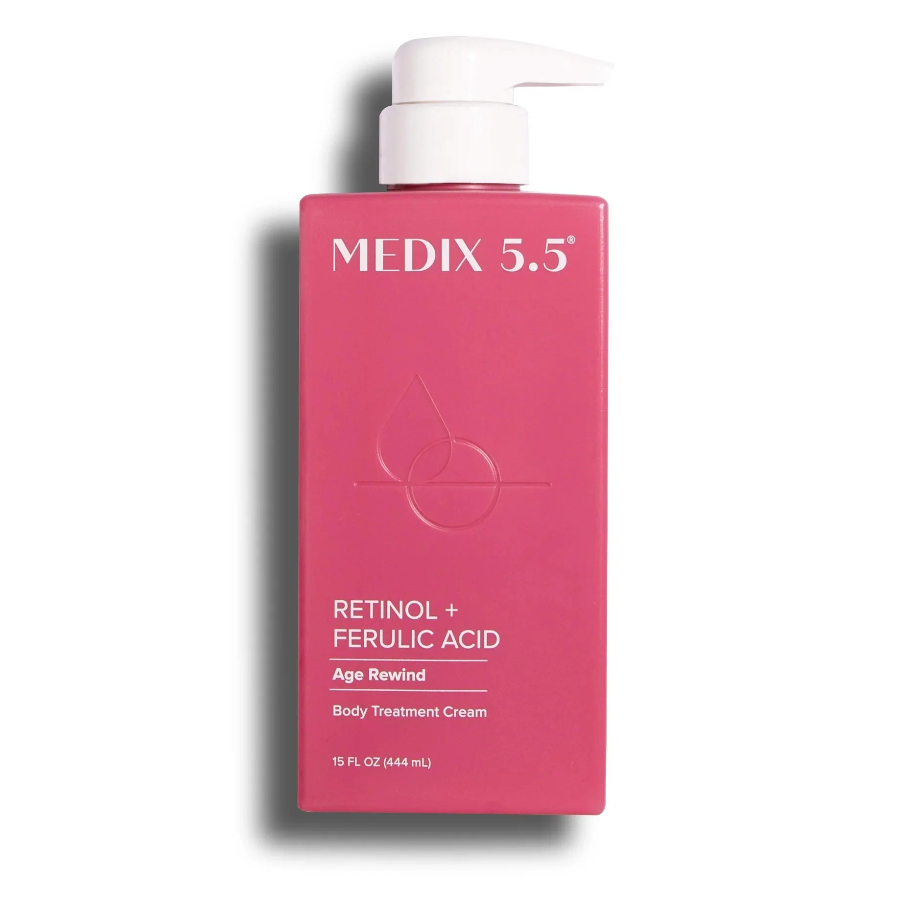 Front-facing white-background photo of a 15 fl oz MEDIX 5.5 Retinol + Ferulic Acid Age Rewind Body Treatment Cream bottle, displaying golden label accents and “5.5 % Retinol + Ferulic Acid” call-out.