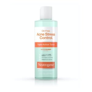 Front-facing product photo of an 8-fl-oz clear plastic bottle labeled “Neutrogena Oil-Free Acne Stress Control Triple-Action Toner” with teal-green liquid, white cap, and orange banner, standing on a pure white background.