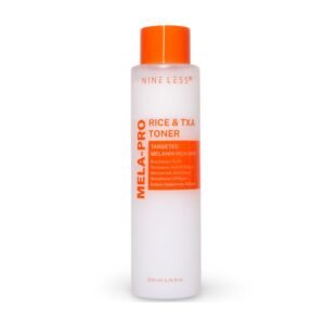 Clear 200 ml bottle of Nineless Mela‑Pro Rice & TXA Toner standing upright on a white background; minimalist white label with green and gold accents, illustrating a brightening Korean facial toner enriched with rice seed water, tranexamic acid, and niacinamide for hyperpigmentation and hydration.