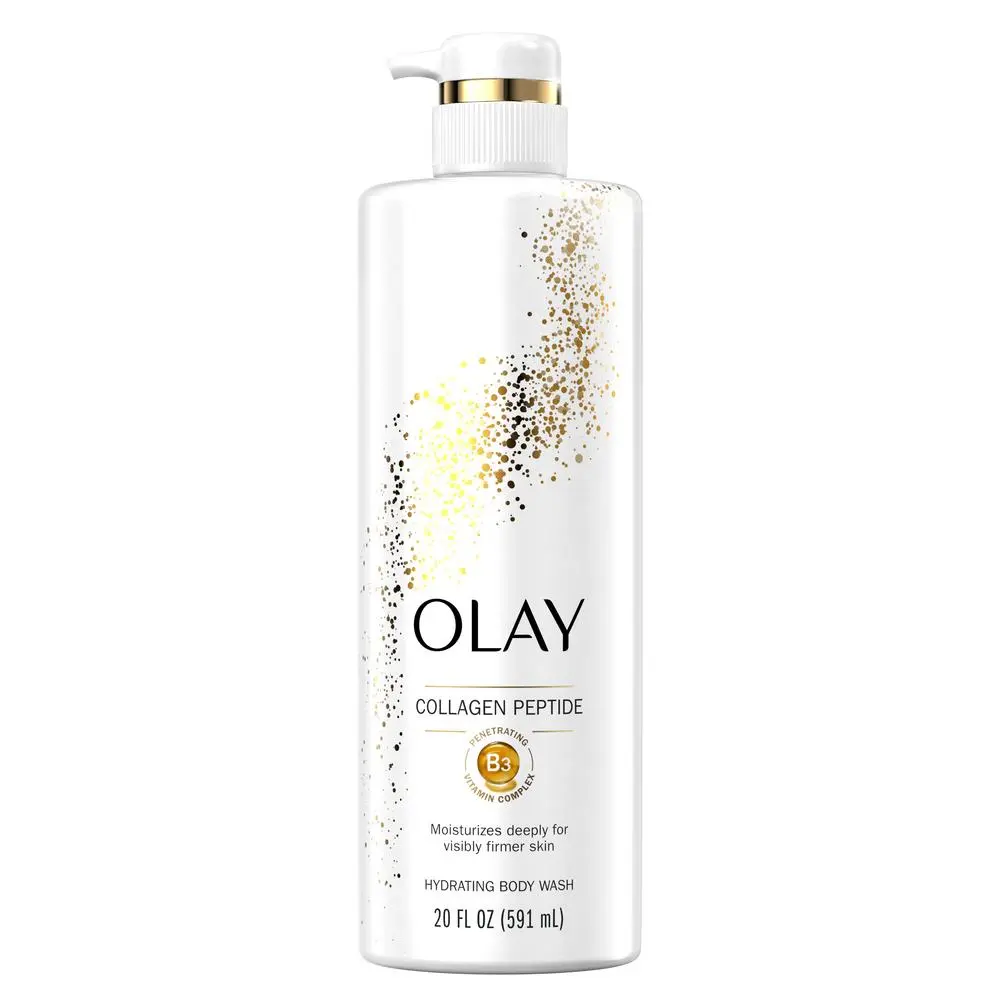 Front-facing bottle of Olay Cleansing & Firming Body Wash (20 fl oz) on a white background, showing the gold-and-pink label that highlights Vitamin B3 Complex and Collagen for firming, hydrating benefits.