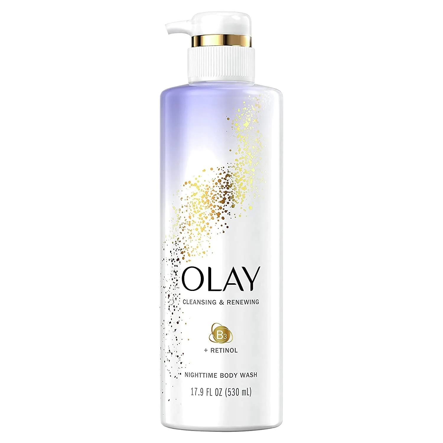 Front-facing photo of a 20 fl oz bottle of Olay Cleansing & Renewing Body Wash with Retinol on a pure-white background, showing purple label, “Retinol & Vitamin B3 Complex” call-out, and easy-grip shape.