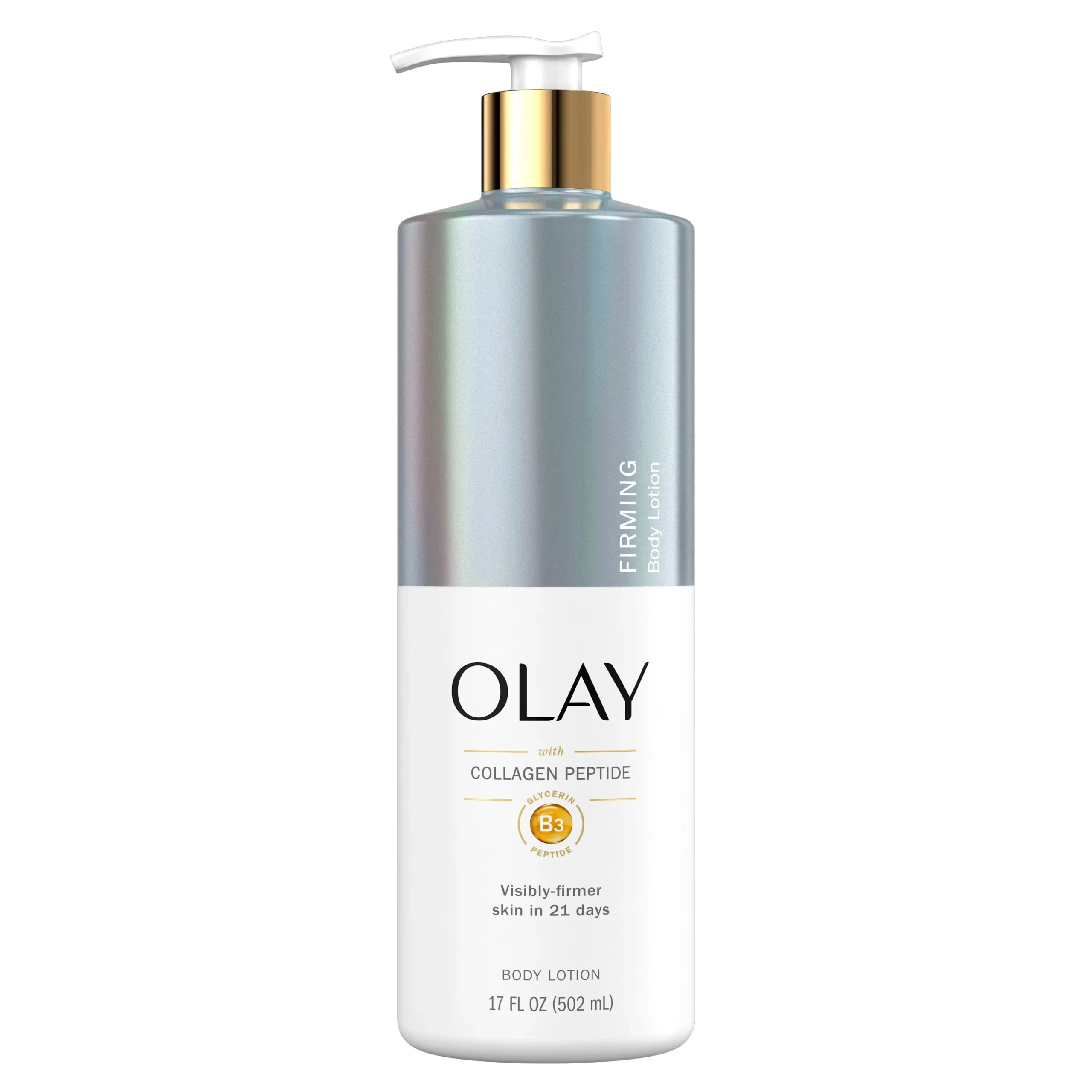Alt: Front view of a 17-ounce pump bottle of Olay Firming & Hydrating Body Lotion with Collagen on a pure white background, showing gold-and-white label with Vitamin B3 Complex and collagen highlights—ideal visual for a Ghanaian e-commerce product page focused on firming, hydrating body care.