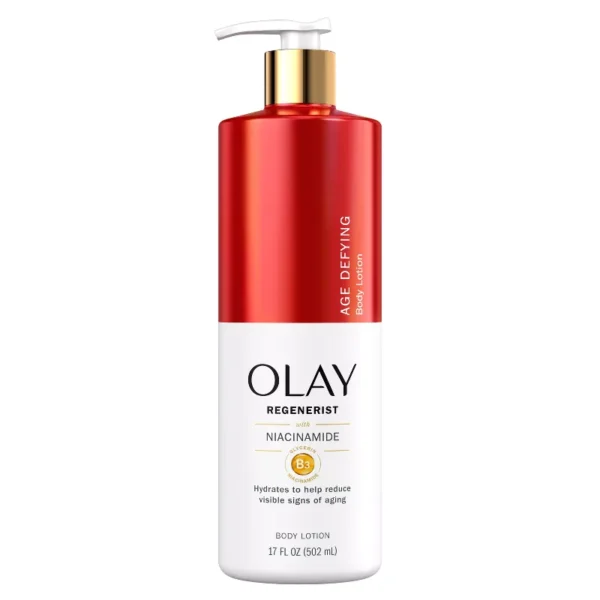 Front-facing photo of a 17 fl oz pump bottle of OLAY Regenerist Niacinamide Body Lotion on a clean white background; the red-and-silver label highlights “Niacinamide” and “Vitamin B3 Complex,” conveying a premium, age-defying body moisturiser.