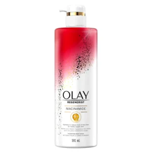 Front-facing 20 fl oz bottle of Olay Regenerist Niacinamide Hydrating Body Wash on a white backdrop; bold red-silver label highlights “Vitamin B3 Complex” and “Age-Defying Hydration,” conveying a clean, eco-friendly design made from 100 % recycled plastic.
