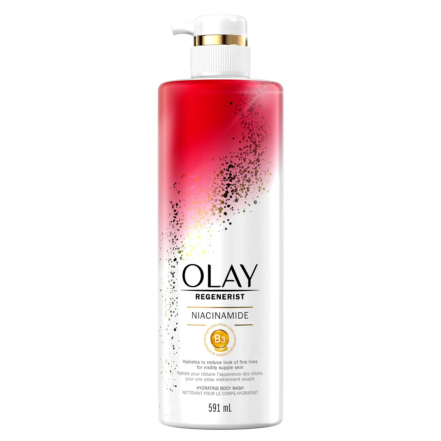 Front-facing 20 fl oz bottle of Olay Regenerist Niacinamide Hydrating Body Wash on a white backdrop; bold red-silver label highlights “Vitamin B3 Complex” and “Age-Defying Hydration,” conveying a clean, eco-friendly design made from 100 % recycled plastic.