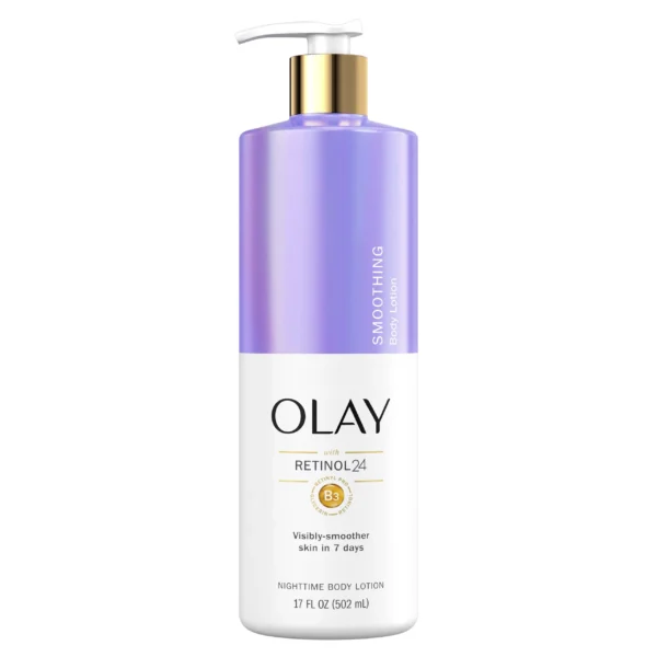 Front-facing pump bottle of Olay Retinol 24 Smoothing Nighttime Body Lotion (17 fl oz) on a pure white background, showing the purple label highlighting “Retinol 24” and “Vitamin B3 Complex,” with the golden Olay logo clearly visible.