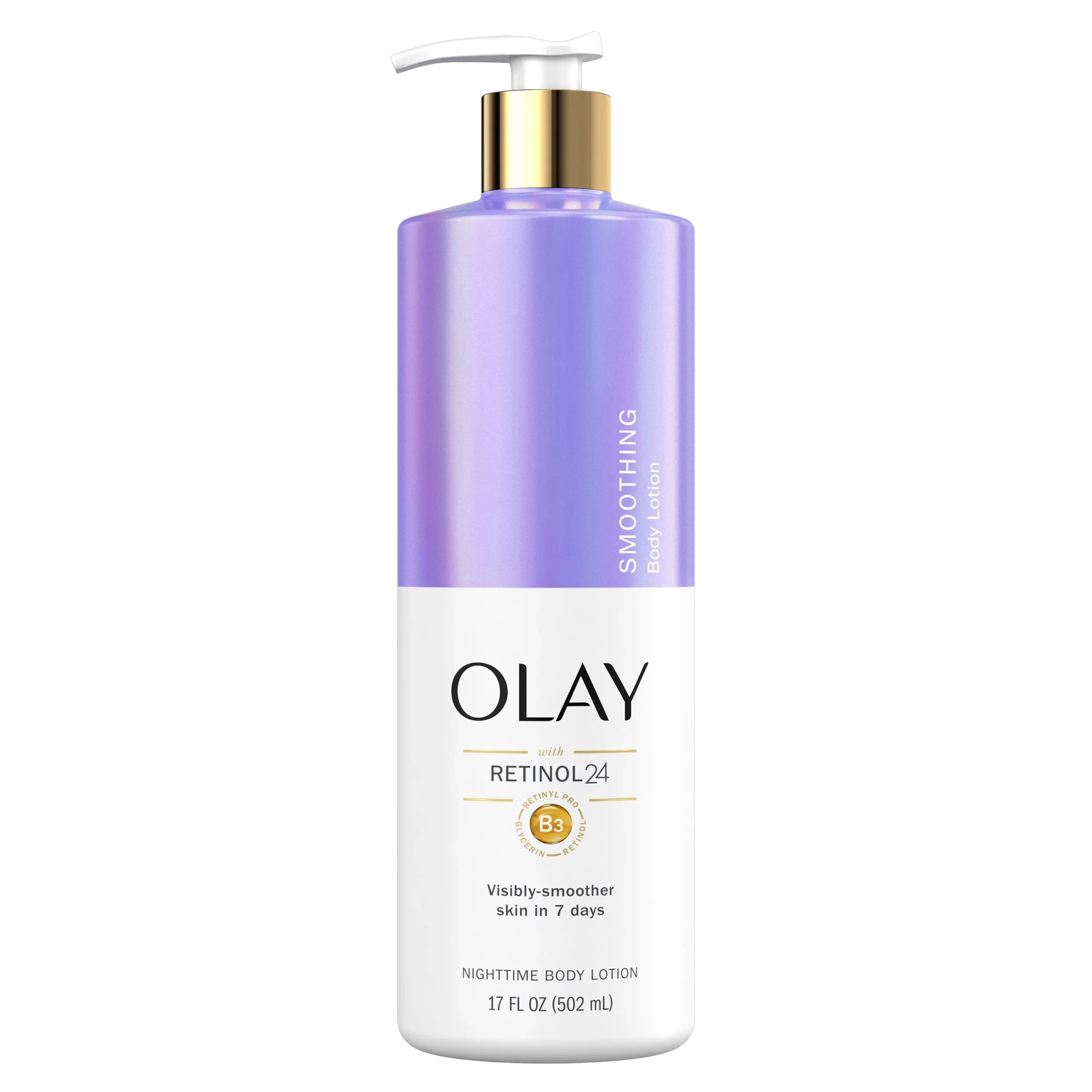 Front-facing pump bottle of Olay Retinol 24 Smoothing Nighttime Body Lotion (17 fl oz) on a pure white background, showing the purple label highlighting “Retinol 24” and “Vitamin B3 Complex,” with the golden Olay logo clearly visible.