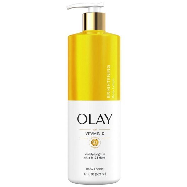 Pump bottle of Olay Revitalizing & Hydrating Body Lotion with Vitamin C (17 fl oz) standing upright on a pure-white background; clear label shows “Vitamin C + B3 Complex.” The lotion’s creamy texture is swirled beside the bottle, suggesting a lightweight yet nourishing formula for full-body use.