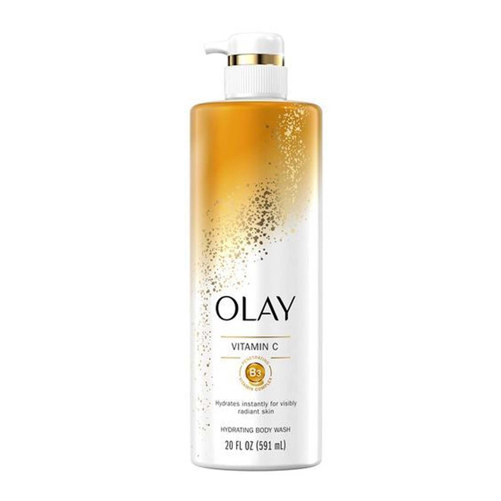 Front view of a 20-fl-oz bottle of OLAY Vitamin C Hydrating Body Wash against a white background, showing the vibrant yellow label highlighting Vitamin C and Vitamin B3 Complex for bright, hydrated skin.