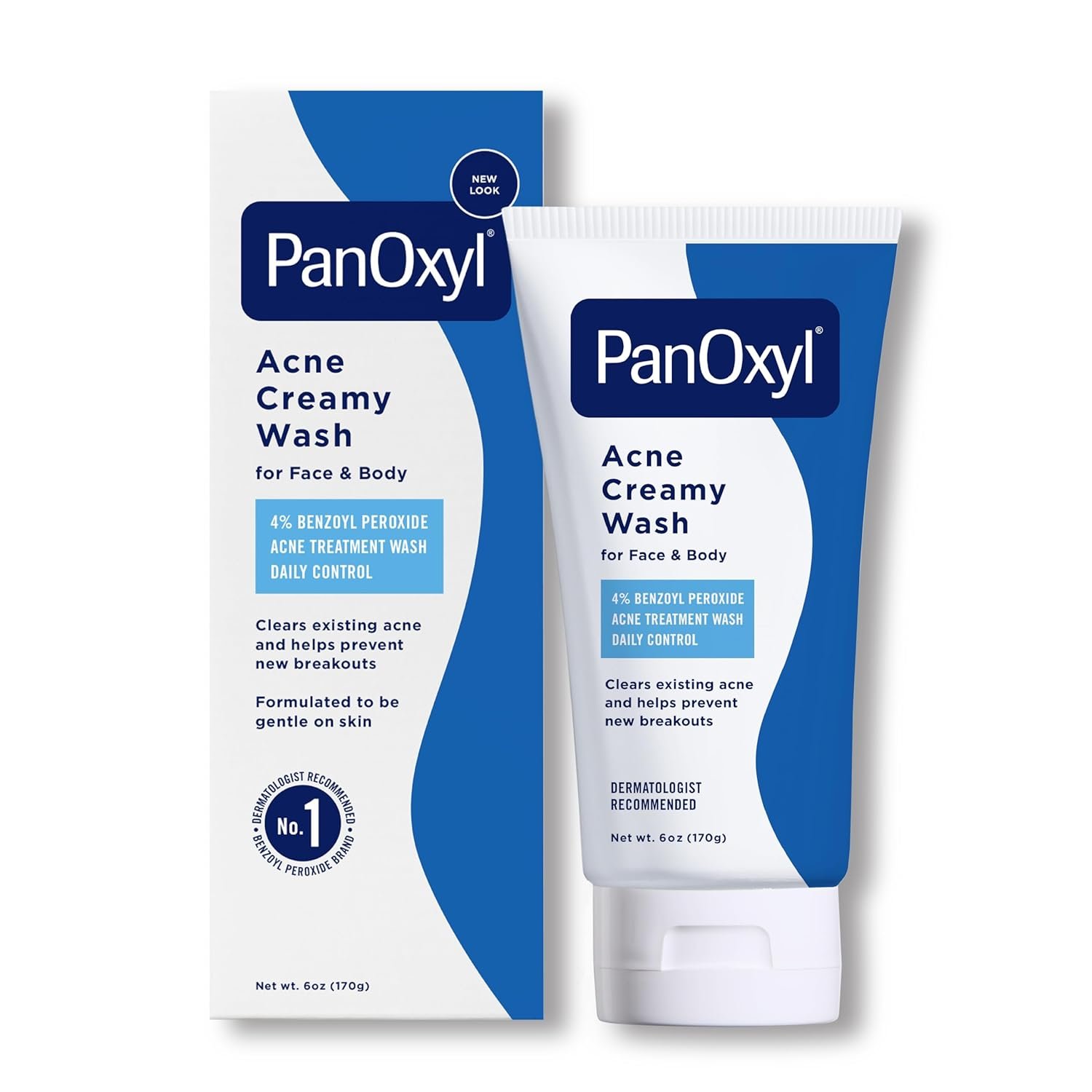 Bottled 6-oz PanOxyl Acne Creamy Wash Benzoyl Peroxide 4 % standing upright on a white background, blue-and-white label visible, representing a gentle medicated cleanser for face and body acne.