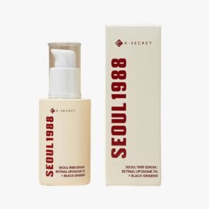 Bottle of SEOUL 1988 Serum: Retinal Liposome 2% + Black Ginseng (30 ml) standing upright on a pure white background, showing clear amber liquid in sleek glass packaging