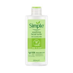 ront-facing bottle of Simple Kind to Skin Soothing Facial Toner, 200 ml—clear, alcohol‑free formula for sensitive skin in a green‑labelled, 100 % recycled plastic container.