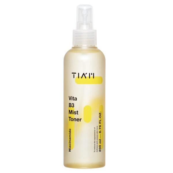 TIAM Vita B3 Mist Toner (200ml) on white background. Transparent spray bottle with golden cap, dispenses a fine mist for brightening hyperpigmentation and hydrating skin. Ideal for Ghana’s humidity, acne-prone, and sensitive skin types.