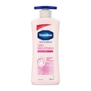 Vaseline Healthy Bright Daily Brightening Body Lotion 400 ml bottle standing on a white background, showing pink-labelled packaging that highlights Vitamin B3, Vaseline Jelly, and triple sunscreen benefits.