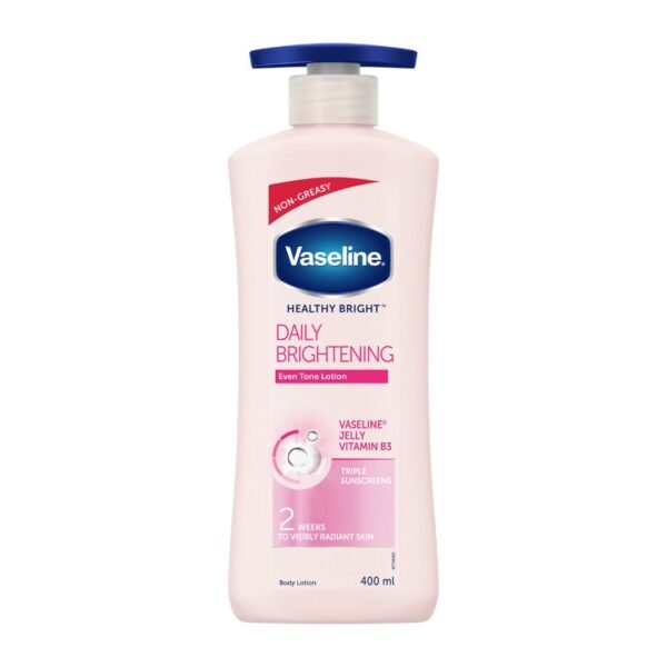 Vaseline Healthy Bright Daily Brightening Body Lotion 400 ml bottle standing on a white background, showing pink-labelled packaging that highlights Vitamin B3, Vaseline Jelly, and triple sunscreen benefits.
