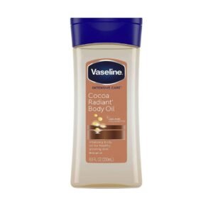 Front-facing bottle of Vaseline Intensive Care Cocoa Radiant Body Oil (200 ml) with pump dispenser on a clean white background, showing golden-brown gel oil inside the clear bottle and the cocoa-butter label for nourishing, radiant-skin benefits.