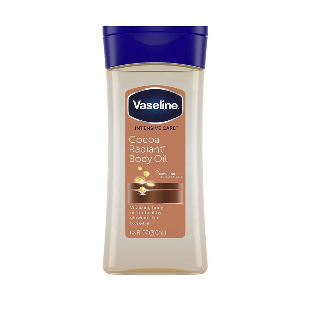Front-facing bottle of Vaseline Intensive Care Cocoa Radiant Body Oil (200 ml) with pump dispenser on a clean white background, showing golden-brown gel oil inside the clear bottle and the cocoa-butter label for nourishing, radiant-skin benefits.